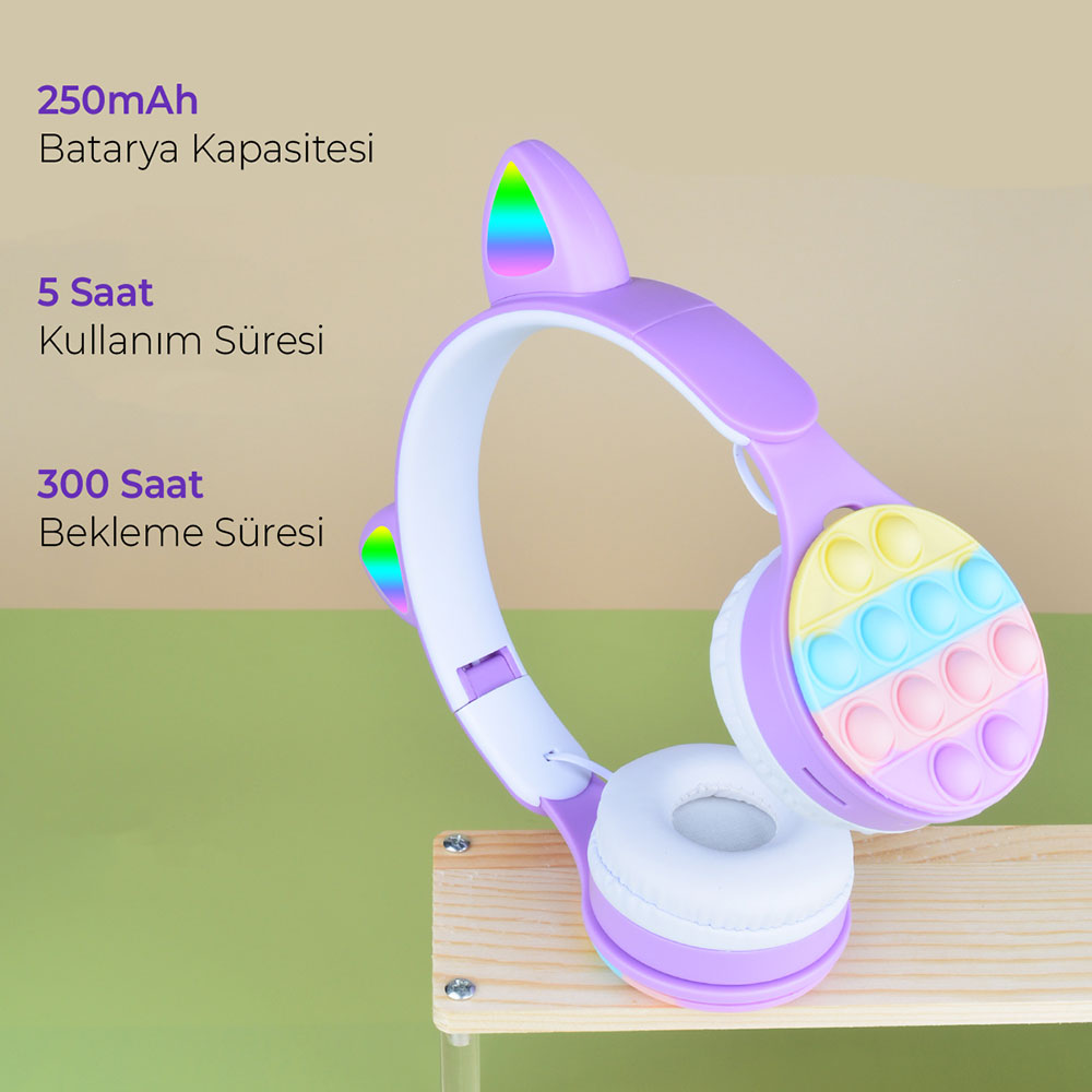 Zore B30 RGB Led Işıklı Kedi Kulağı Band Tasarımı Ayarlanabilir Katlanabilir Kulak Üstü Bluetooth Kulaklık - 5